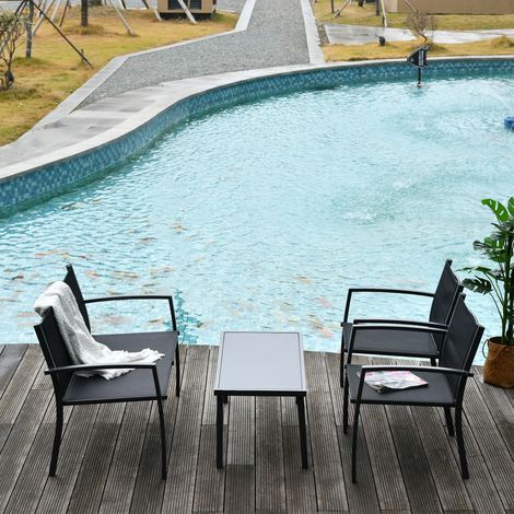 Outdoor-Lounge-Set, 4-teilig mit 1 Couchtisch, 2 Gartenstühlen und 1 Metallbank, Schwarz