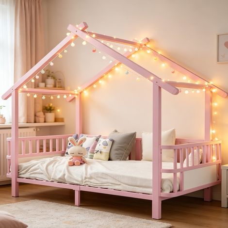 Kinderbett Hausform 90x200 cm mit Rausfallschutz, stabiles Hausbett aus Metall mit dekorierbarem Dachdesign, Mädchen Kinderzimmer, Rosa (1/5)