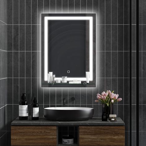 Specchio da bagno a LED, dimmerabile, antiappannamento, con interruttore touch e mensola, 50 x 70 cm, argento.