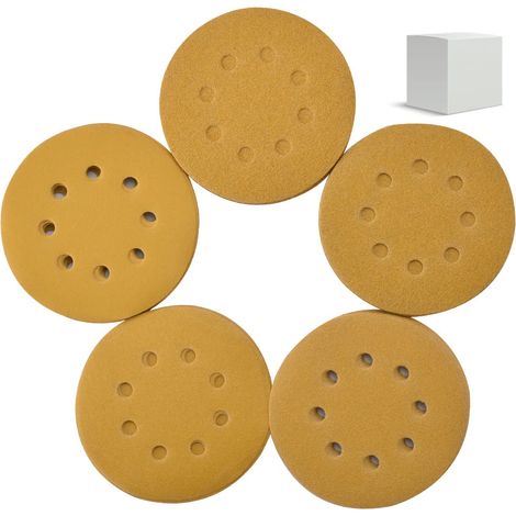 100pcs 5 pouces (125mm) Papier abrasif doré 8 trous 60/80/120/150/220 Disques abrasifs avec velcro pour ponceuses orbitales et travail du bois (1/5)