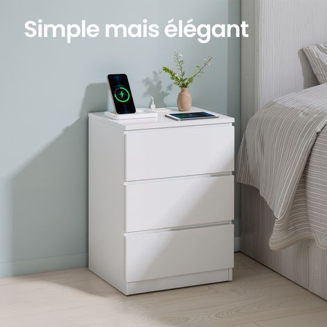 Table de Chevet avec Multiprise, Lot de 2, avec 3 Tiroirs, 2 Prises CA, 2 Ports USB, Moderne, Blanc (1/5)