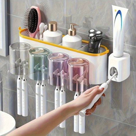 Porte-brosses à dents mural à installation facile(avec gobelet de rinçage)—Organiseur de salle de bain sans perçage et gain de place