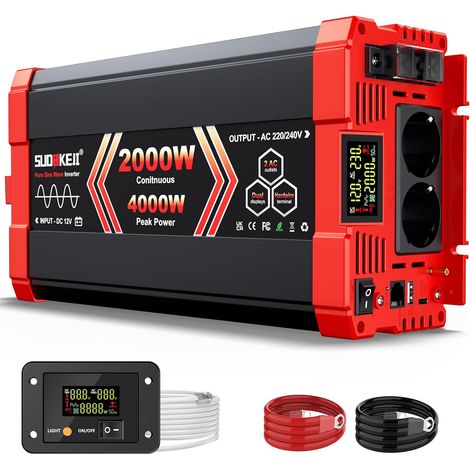 2000W Convertisseur 12V 220V Pur Sinus Transformateur,Onduleur avec 2 Prises CA, 3.1A Port USB, Télécommande, écran LCD, pour Les Systèmes Solaires, Voiture, Camping,Voyage (1/5)