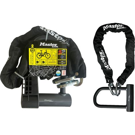 Master Lock 8376EURDPRO Antivol à chaîne pour vélo certifié haute résistance avec mini antivol en U à clé, homologué par la police, 220 x 75 mm, noir