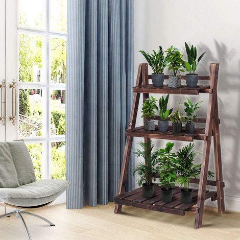 COSTWAY 3-stoeckiger Pflanzenstaender, Pflanzenregal klappbar, hoelzerner Blumenstaender, Blumenregal fuer Garten, Balkon, Leiterregal Blumentreppe braun