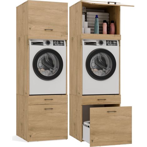 Pola 2s avec rehausse- meuble de salle de bains pour lave-linge et sèche-linge - 2 tiroirs, étagère - 64x212x64 cm - chêne artisan (1/5)