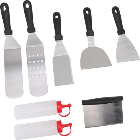 Spatules pour plaque de cuisson, lot de 6, avec 2 bouteilles, en acier inoxydable et manche robuste. Ensemble de spatules polyvalent pour le camping, la maison et le camping. (1/5)