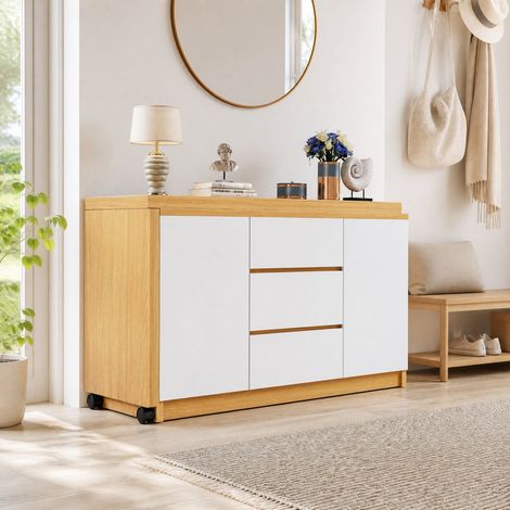 Escritorio plegable con ruedas (120x50x76.5 cm), giratorio 360 grados, con 2 puertas y 3 cajones, aglomerado, roble y blanco (1/5)