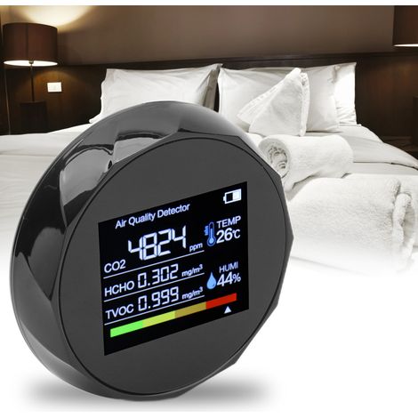 Détecteur de qualité de l'air, thermomètre et hygromètre, détecteur multifonctionnel à affichage numérique TVOC, rechargeable par USB, noir. (1/5)