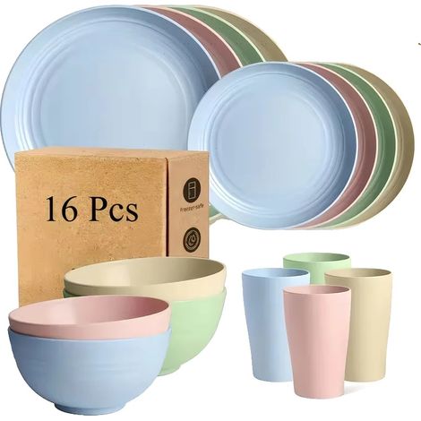 Juego de vajilla multiusos de 16 piezas, fabricado en plástico resistente, apto para uso doméstico y en restaurantes. (1/2)