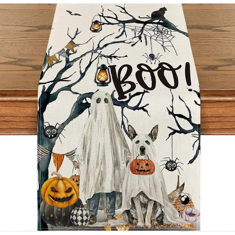 Chemin de table Halloween avec citrouilles fantômes, arbre et chien, décoration automnale saisonnière pour la cuisine et la salle à manger, 33 x 183 cm, beige. (1/5)