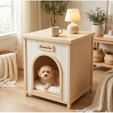 Niche pour chien en bois FSC avec table d’appoint, blanc crème, pour petits chiens et chats (1/5)