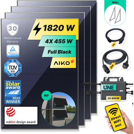 ROBINSUN®️ Kit Solar Enchufable Performance Wall-60 1.820Wp, 4 paneles Aiko 455Wp+ 2 Microinversores 800W con Wifi incluído+Cable 3m +4 Fijaciones 60º (1/5)