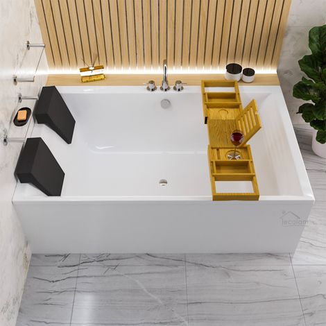 Baignoire ECOLAM Crown LUX 190x120 cm pour deux personnes + tablier 2x appuis-têtes noirs + planche en bambou  siphon pieds + silicone  Ensemble complet