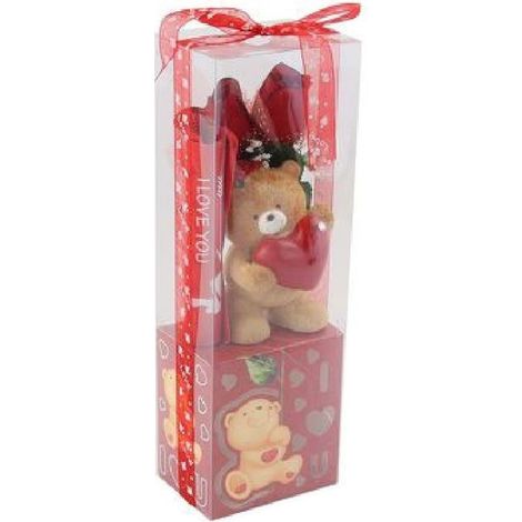 TrAdE Shop Traesio - Orsetto Con Cuore Fiori Confezione Regalo Per San Valentino 10x7.5x30 Cm 63303 - (1/2)