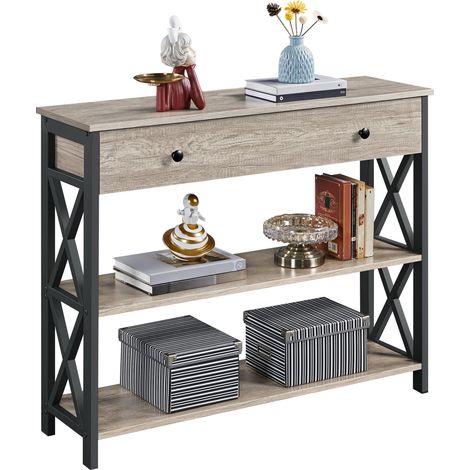 Table Console à 3 Niveaux Table d'entrée en Bois avec 1 Grand Tiroir et 2 Étagères Bout de Canapé Polyvalente Cuisine Chambre Couloir Gris (1/5)