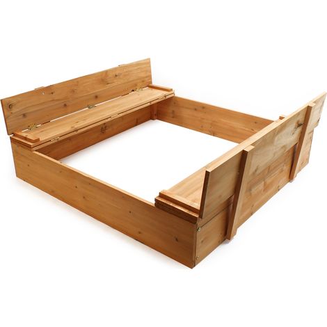 Sandkasten mit Deckel 2 Sitzbänke 98 x 98 x 18 cm, Sandkiste aus Holz mit klappbaren Bänken, Sandkasten mit Abdeckung, Sandbox mit Vliesboden