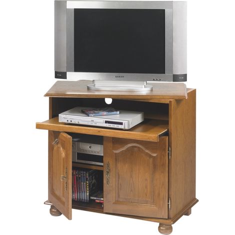 Meuble TV 32 Pouces Chêne Plateau Pivotant et Coulissant L 82 H 77 P 46.5 cm (1/5)