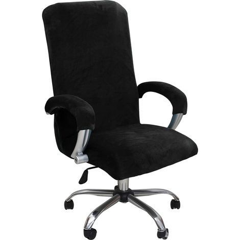 Housse de chaise de bureau en peluche velours – Taille XL – Tissu élastique lavable – Protection élégante pour fauteuil rotatif noir (1/5)