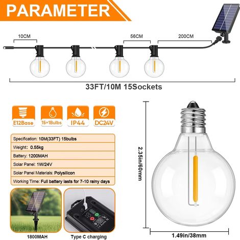 Guirlande lumineuse solaire d'extérieur G40 (10 m, 15 ampoules, télécommande incluse) - 24 V, étanche, à suspendre - Idéale pour jardin, terrasse ou café. (1/5)