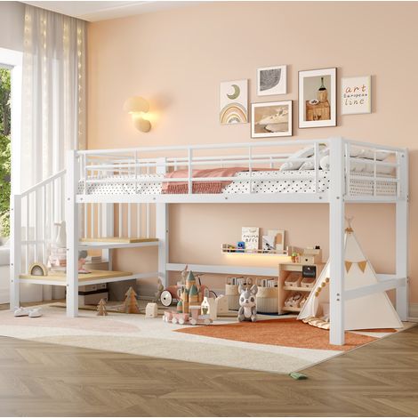 Letto rialzato 90x200 cm con scala portaoggetti, sponda di sicurezza, in metallo, senza materasso, bianco (1/5)