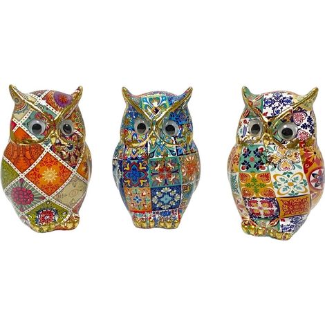 Figuras de búho de resina mosaico multicolor y dorado 11 cm (1/2)