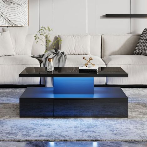 Table basse 100x50, design moderne LED 16 couleurs, rangement tablette et tiroir, surface facile d'entretien (1/5)
