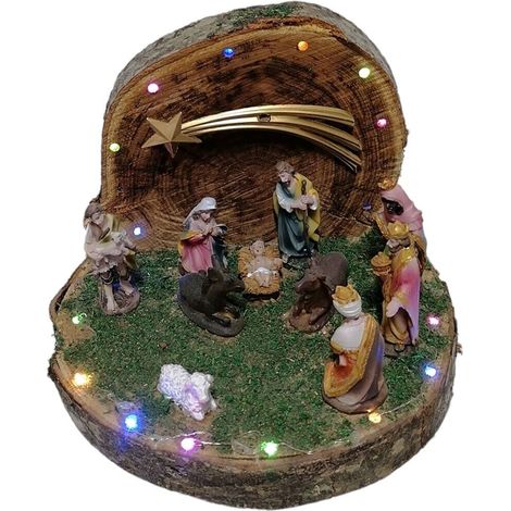Capanna in legno grotta con natività completa pastori presepe per decorazioni di natale   luci sacra famiglia addobbi casa - decoro: Capanna grande con natività (1/5)