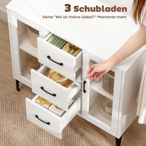Buffet moderne avec portes à fermeture amortie, 3 tiroirs, 2 portes vitrées, étagères réglables, MDF blanc (1/5)