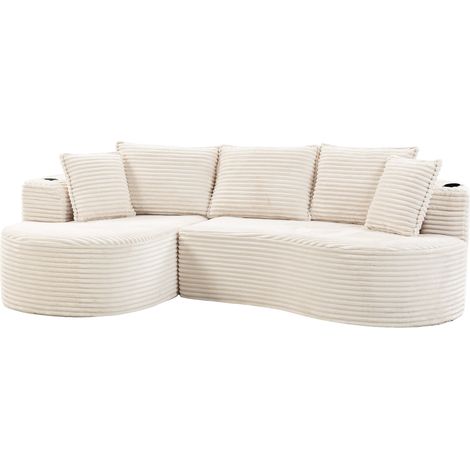 Divano curvo beige 250 x 152 x 82 cm con portabicchieri, tasca e cuscino (1/5)