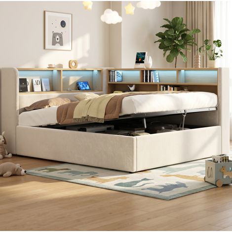 Cama nido 140x200 cm beige de terciopelo con almacenaje hidráulico, LED y puertos USB-C (1/5)