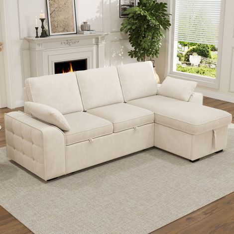 Divano angolare convertibile 3 posti con contenitore, 237 x 141 x 86 cm, ciniglia beige DESVIAE (1/5)