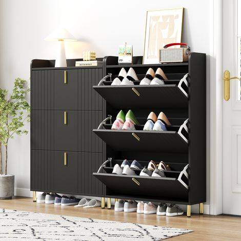 6-Fächer-Schuhschrank, 2 x 3 Klappen, verstellbar, kippsicher, Schwarz HAVRYA (1/5)