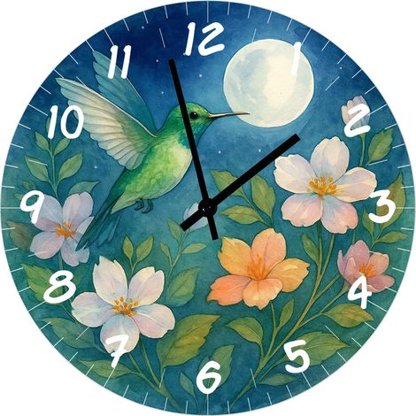 Horloge murale en verre Colibri et Fleurs sous la lune  29 cm