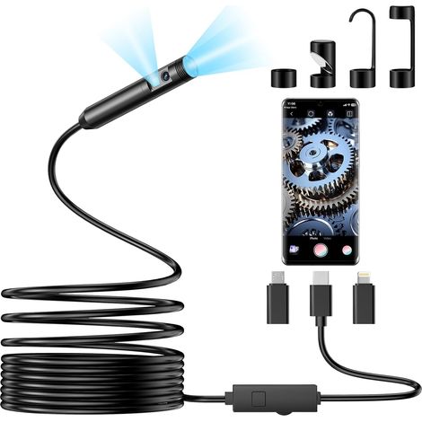 Caméra d'inspection Endoscopique 1920 HD Serpent, Borescope à Double Lentille avec 8+1 Lampes LED RéGlables Endoscope Type-C pour Smartphones Android et iOS(16.4Ft/5M) (1/5)
