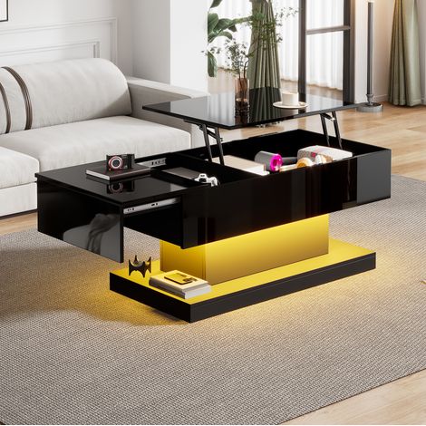 Table basse relevable 100x50x45 cm noire en panneau de particules avec LED et rangement (1/5)