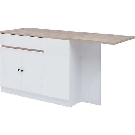Vente-Unique – Ilot central de cuisine MDF pliable – Rangements intégrés – Longueur 180 cm – Couleur blanc et naturel – Charge maximale 50 kg