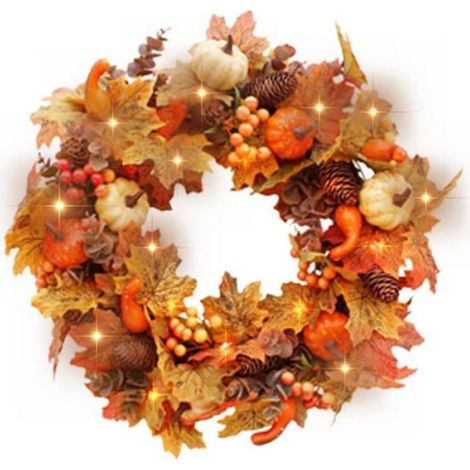 1 Couronne 45cm Feuilles Citrouille Baies Décoration Porte Mur Automne Halloween Thanksgiving (1/5)