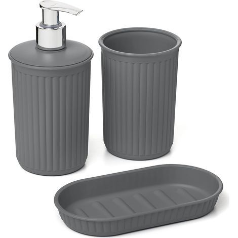 3 Pièces - Ensemble Salle De Bain - Gobelet Distributeur Porte-Savon - Design Moderne Plastique Sans Bpa - Pour Comptoir Lavabo - Gris Anthracite - Divers Tailles (1/3)