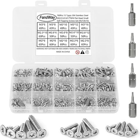 760 Pièces Vis a Autotaraudeuses Tête Fraisée Torx,M2 M2,3 M2,5 M3 Petites Vis à Bois Tête Plate en Acier Inox 304,Mini Tôle Autoperceuses EntièRement Fileté.Pour Meubles Métal Doux Plastique. (1/5)