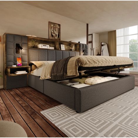 Cama con almacenamiento 160x200 cm gris en lino con LED, mesitas y puertos USB-C (1/5)