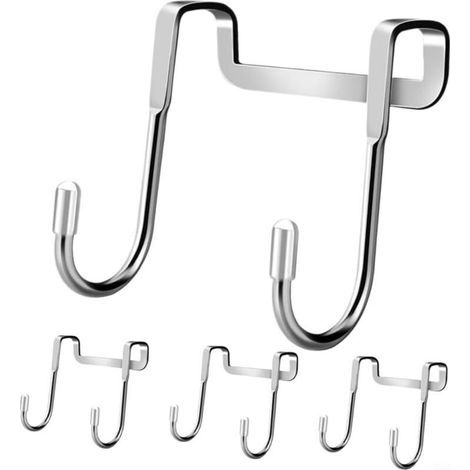 Set di 4 ganci doppi in acciaio inox per bagno, cucina, porta, parete, argento, 6,5 x 2,5 x 7,5 cm (1/5)
