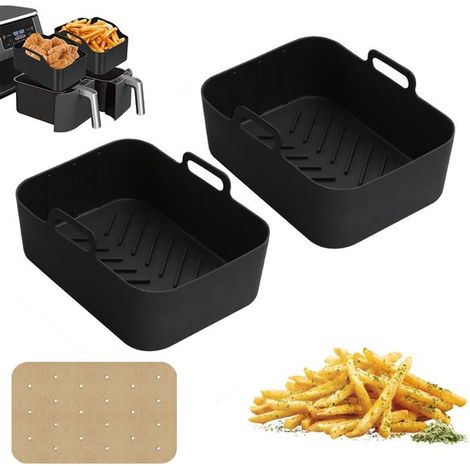 2 stampi in silicone, 100 fogli di carta da forno (20 x 15 x 9 cm), lavabili in lavastoviglie, accessori per friggitrice ad aria, senza BPA, inserti per friggitrice ad aria. (1/5)