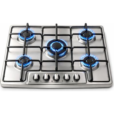Piano Cottura Acciaio Inox 75 cm con Griglia e Bruciatori in Ghisa 5 Fornelli