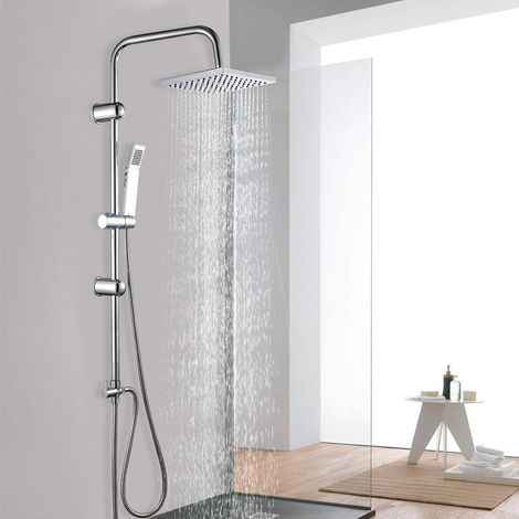 Bathroom Square Shower Mixer Set Twin Heads Chrome Waterfall Tap Riser Rail Hose (1/5)