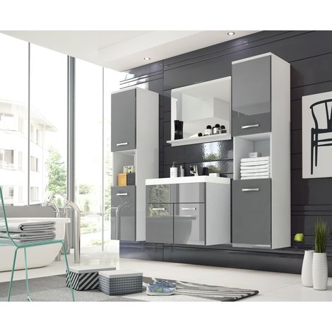 Bratex – Ensemble de meubles de salle de bain MONTREAL XL – Meuble vasque avec évier 47,5 x 60 x 34,6 cm – Étagère miroir 50 x 60 x 11,5 cm – 2 armoires hautes 131,5 x 30 x 30 cm (1/4)