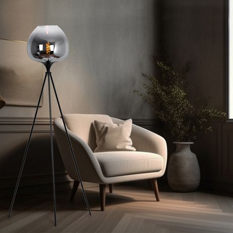 LED Stehleuchte Stativ Rauchglas Esszimmerleuchte Stativlampe stehend Rauchglas schwarz, Metall, 1x E27 Filament LED warmweiß, DxH 65x145 cm