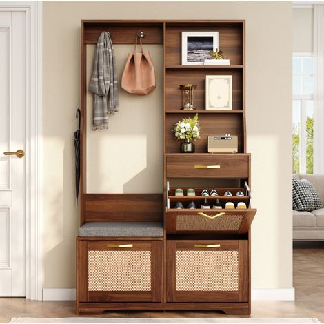 Mueble zapatero de entrada con banco, 3 abatibles, MDF color nogal HAVRYA (1/5)