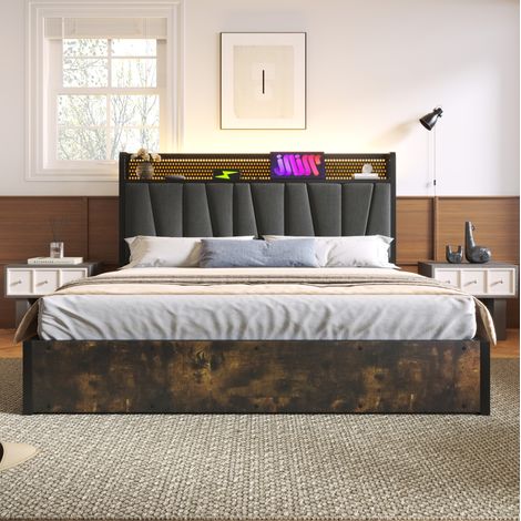 Lit coffre en tissu lin gris 140x200 cm avec LED, prises USB et sommier à lattes inclus (1/5)