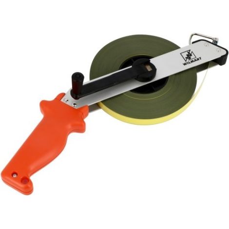 Ruban acier classe II 50 m × 13 mm Wilmart — étrier coudé aluminium anodisé, zéro à la boucle, manivelle grand rayon